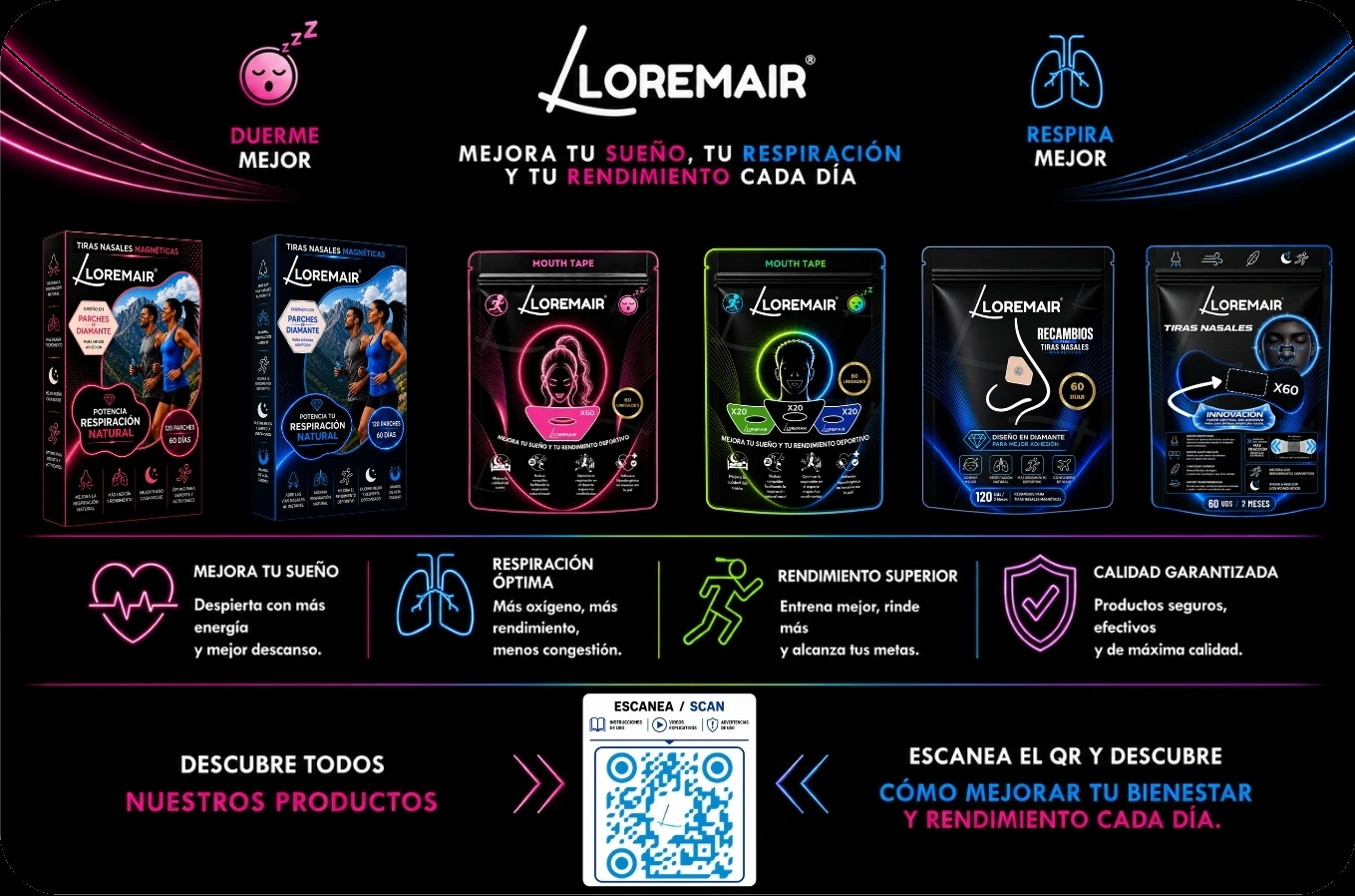Todos los productos LOREMAIR: tiras nasales magnéticas, cintas bucales y recambios